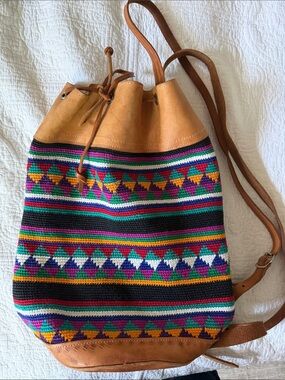 Vintage Boho Crochet Bucket Bag with Tan Leather Trim
